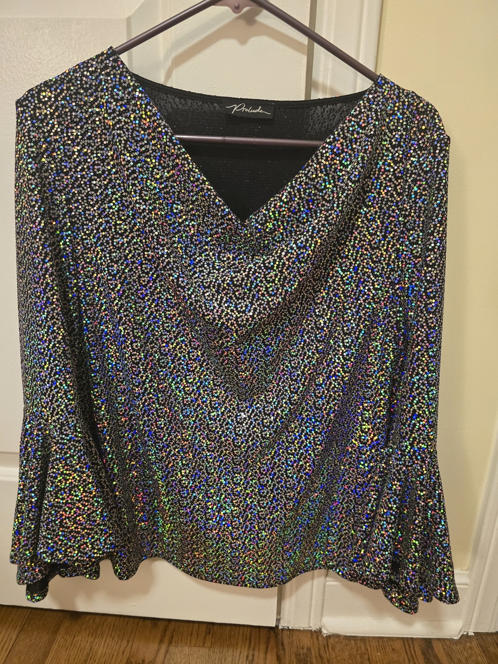 Pleated Black Holographic Sparkle Women's Top